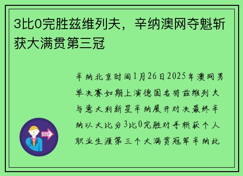 3比0完胜兹维列夫，辛纳澳网夺魁斩获大满贯第三冠