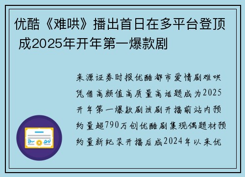 优酷《难哄》播出首日在多平台登顶 成2025年开年第一爆款剧