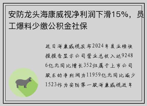 安防龙头海康威视净利润下滑15%,员工爆料少缴公积金社保