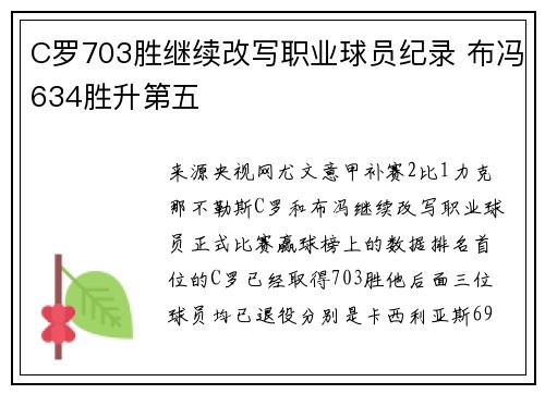 C罗703胜继续改写职业球员纪录 布冯634胜升第五