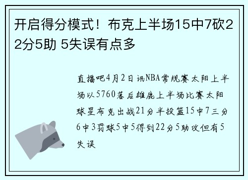 开启得分模式！布克上半场15中7砍22分5助 5失误有点多