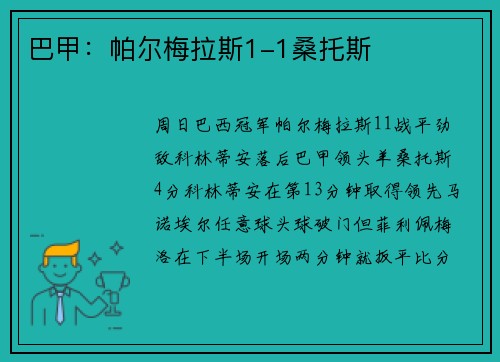 巴甲:帕尔梅拉斯1-1桑托斯