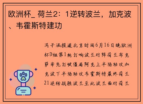欧洲杯_ 荷兰2:1逆转波兰,加克波、韦霍斯特建功