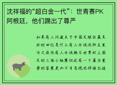 沈祥福的“超白金一代”：世青赛PK阿根廷，他们踢出了尊严